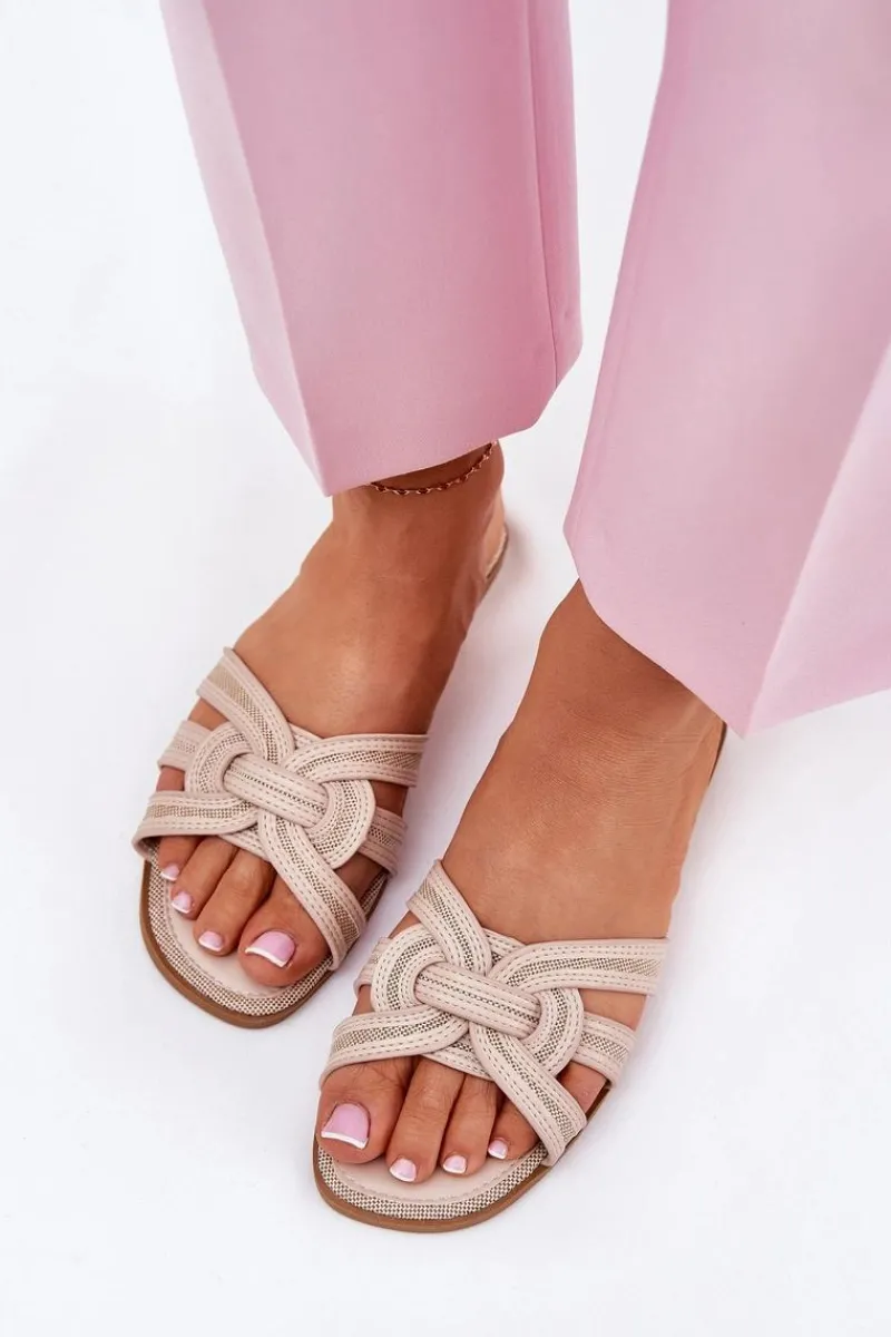 Clearance Boto Klapki Damskie Płaskie Z Przeplatającymi Się Paskami Beżowe Acimine Beżowy