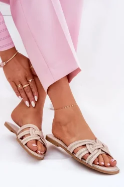 Clearance Boto Klapki Damskie Płaskie Z Przeplatającymi Się Paskami Beżowe Acimine Beżowy