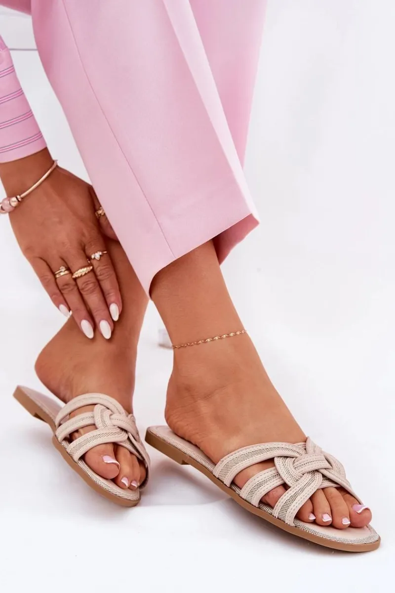 Clearance Boto Klapki Damskie Płaskie Z Przeplatającymi Się Paskami Beżowe Acimine Beżowy