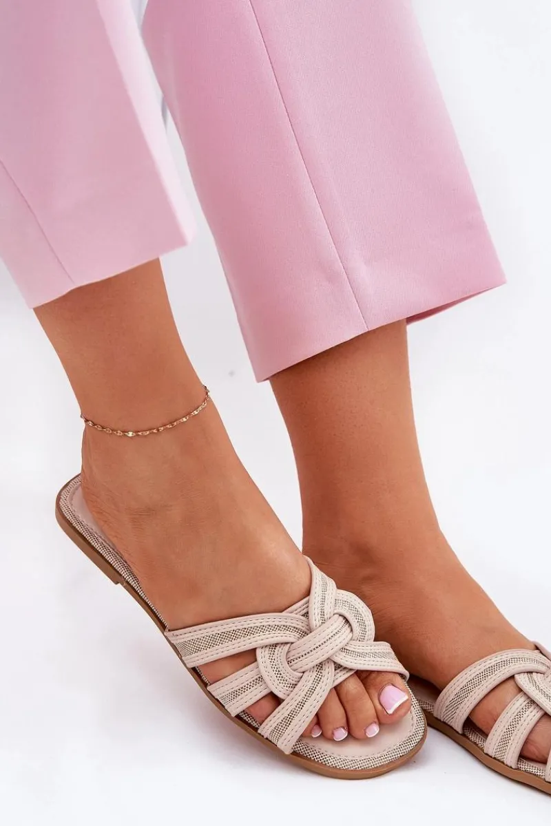 Clearance Boto Klapki Damskie Płaskie Z Przeplatającymi Się Paskami Beżowe Acimine Beżowy