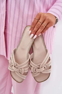 Clearance Boto Klapki Damskie Płaskie Z Przeplatającymi Się Paskami Beżowe Acimine Beżowy