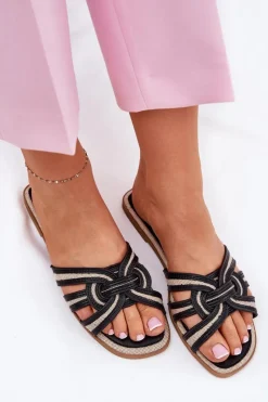 Klapki Damskie Klasyczne>Boto Klapki Damskie Płaskie Z Przeplatającymi Się Paskami Czarne Acimine Czarny