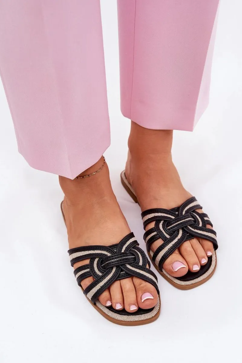 Klapki Damskie Klasyczne>Boto Klapki Damskie Płaskie Z Przeplatającymi Się Paskami Czarne Acimine Czarny