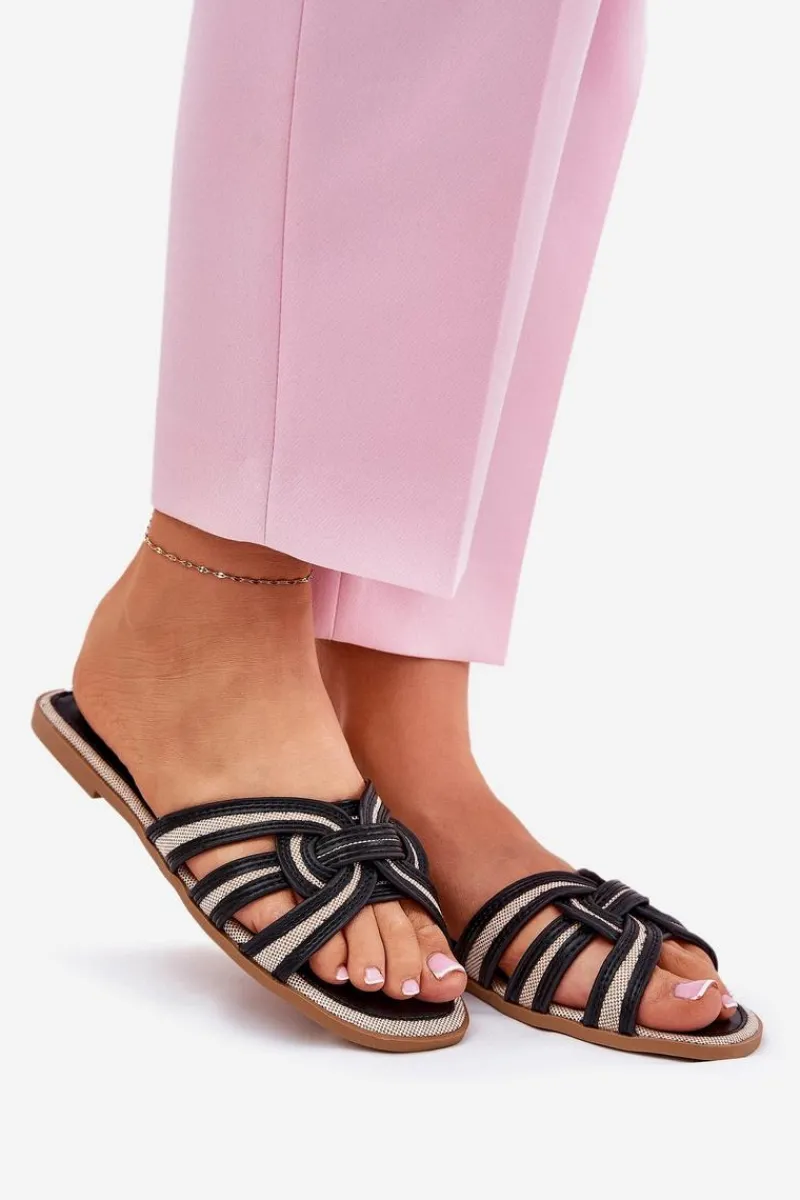 Klapki Damskie Klasyczne>Boto Klapki Damskie Płaskie Z Przeplatającymi Się Paskami Czarne Acimine Czarny