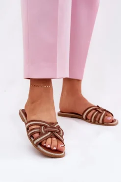 Klapki Damskie Płaskie Z Przeplatającymi Się Paskami Brązowe Acimine Damskie Klapki Damskie Klasyczne