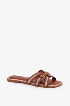 Klapki Damskie Płaskie Z Przeplatającymi Się Paskami Brązowe Acimine Damskie Klapki Damskie Klasyczne