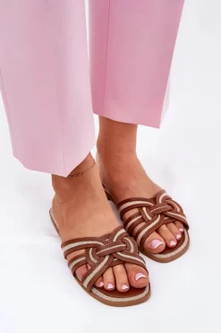 Klapki Damskie Płaskie Z Przeplatającymi Się Paskami Brązowe Acimine Damskie Klapki Damskie Klasyczne