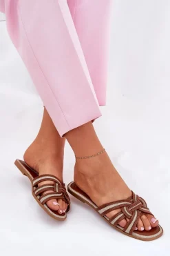 Klapki Damskie Płaskie Z Przeplatającymi Się Paskami Brązowe Acimine Damskie Klapki Damskie Klasyczne