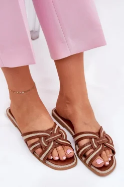 Klapki Damskie Płaskie Z Przeplatającymi Się Paskami Brązowe Acimine Damskie Klapki Damskie Klasyczne