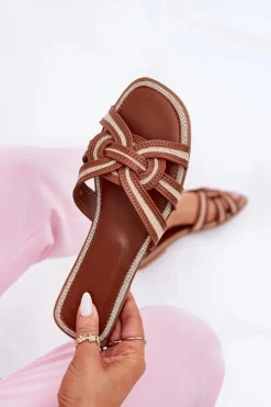 Klapki Damskie Płaskie Z Przeplatającymi Się Paskami Brązowe Acimine Damskie Klapki Damskie Klasyczne