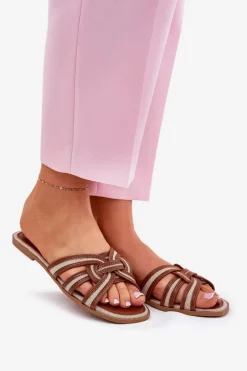 Klapki Damskie Płaskie Z Przeplatającymi Się Paskami Brązowe Acimine Damskie Klapki Damskie Klasyczne