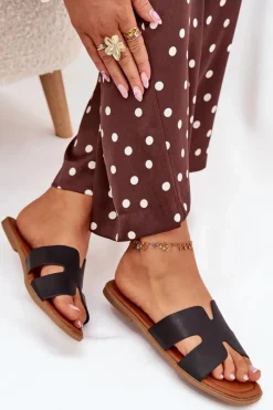 Hot Boto Klapki Damskie Płaskie Z Wycięciami Czarne Salyra Czarny