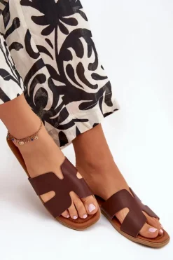 Klapki Damskie Klasyczne>Boto Klapki Damskie Płaskie Z Wycięciami Ciemnobrązowe Salyra Brązowy