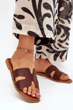 Klapki Damskie Klasyczne>Boto Klapki Damskie Płaskie Z Wycięciami Ciemnobrązowe Salyra Brązowy