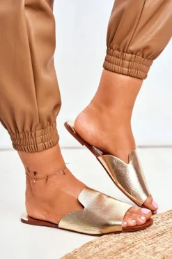 Klapki Damskie Klasyczne>Boto Klapki Damskie Płaskie Złote Mimios