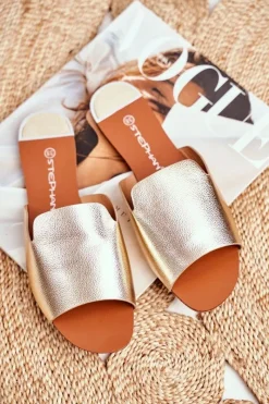 Klapki Damskie Klasyczne>Boto Klapki Damskie Płaskie Złote Mimios