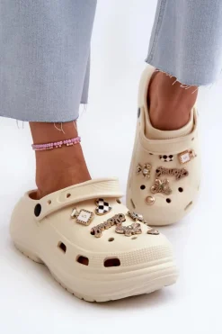 Clearance Klapki Damskie Piankowe Lekkie Na Grubej Podeszwie Z Przypinkami Beżowe Effiora Damskie Klapki Na Platformie|Klapki Damskie Klasyczne