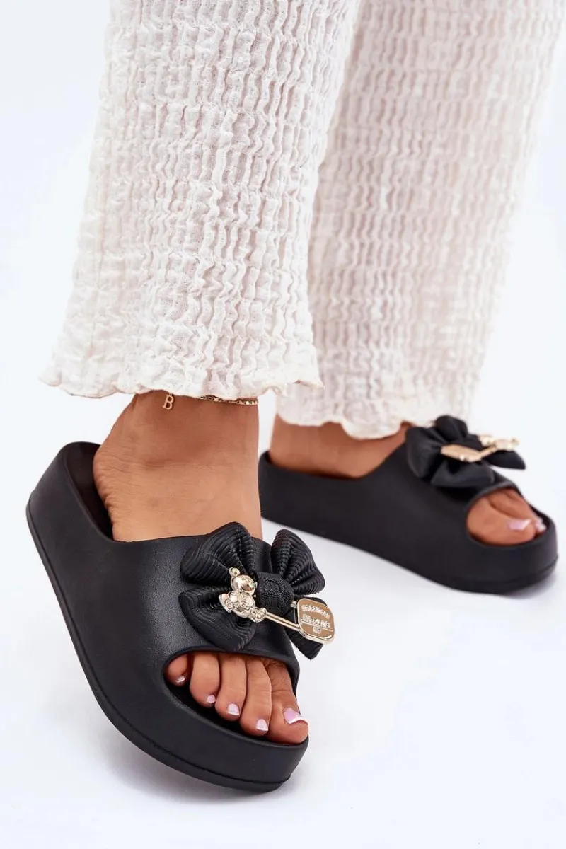 Klapki Basenowe|Klapki Na Platformie>Boto Klapki Damskie Piankowe Na Platformie Z Kokardką I Broszką Czarne Marlize Czarny