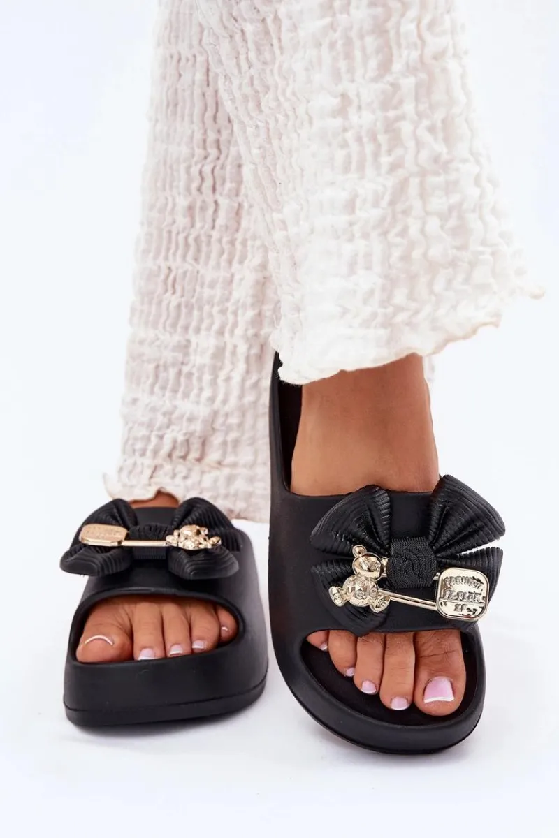 Klapki Basenowe|Klapki Na Platformie>Boto Klapki Damskie Piankowe Na Platformie Z Kokardką I Broszką Czarne Marlize Czarny