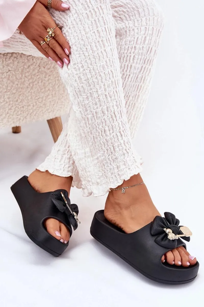 Klapki Basenowe|Klapki Na Platformie>Boto Klapki Damskie Piankowe Na Platformie Z Kokardką I Broszką Czarne Marlize Czarny