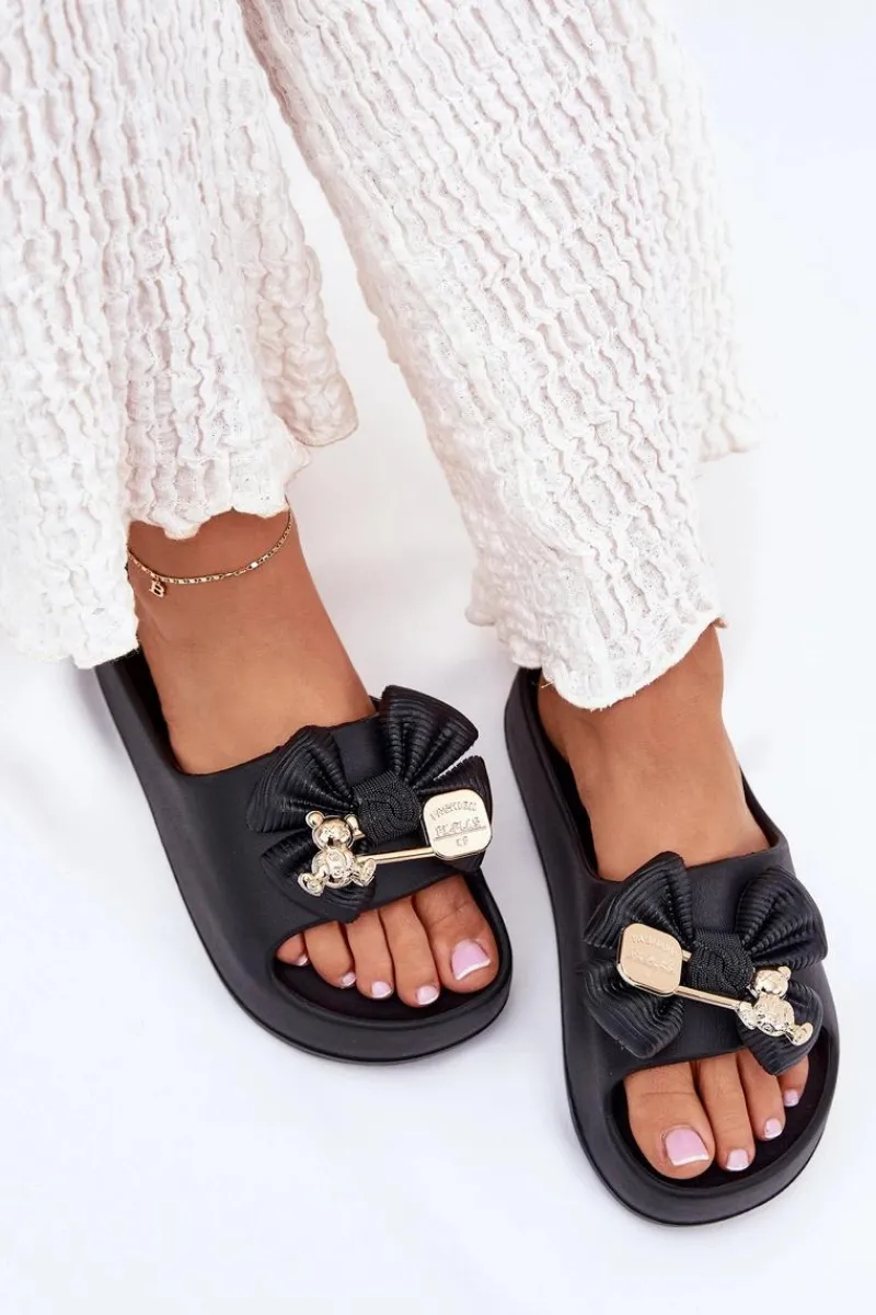 Klapki Basenowe|Klapki Na Platformie>Boto Klapki Damskie Piankowe Na Platformie Z Kokardką I Broszką Czarne Marlize Czarny