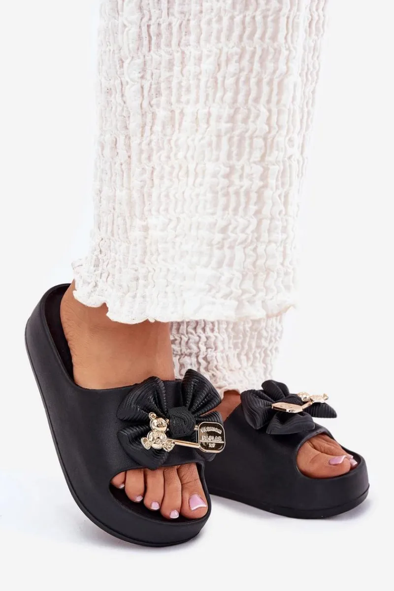 Klapki Basenowe|Klapki Na Platformie>Boto Klapki Damskie Piankowe Na Platformie Z Kokardką I Broszką Czarne Marlize Czarny
