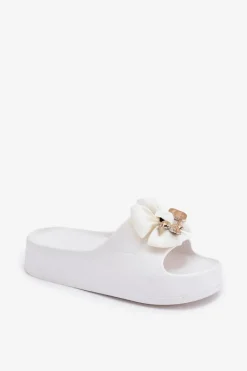 Hot Boto Klapki Damskie Piankowe Na Platformie Z Kokardką I Broszką Białe Marlize
