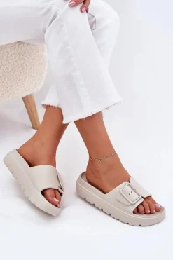 Klapki Damskie Piankowe Na Platformie Z Klamrą Beżowe Viasara Damskie Klapki Basenowe|Klapki Na Platformie