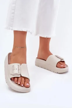 Klapki Damskie Piankowe Na Platformie Z Klamrą Beżowe Viasara Damskie Klapki Basenowe|Klapki Na Platformie