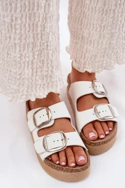 Lee Cooper Klapki Damskie Platformie Z Klamrami LCW-25-35-3496L Białe