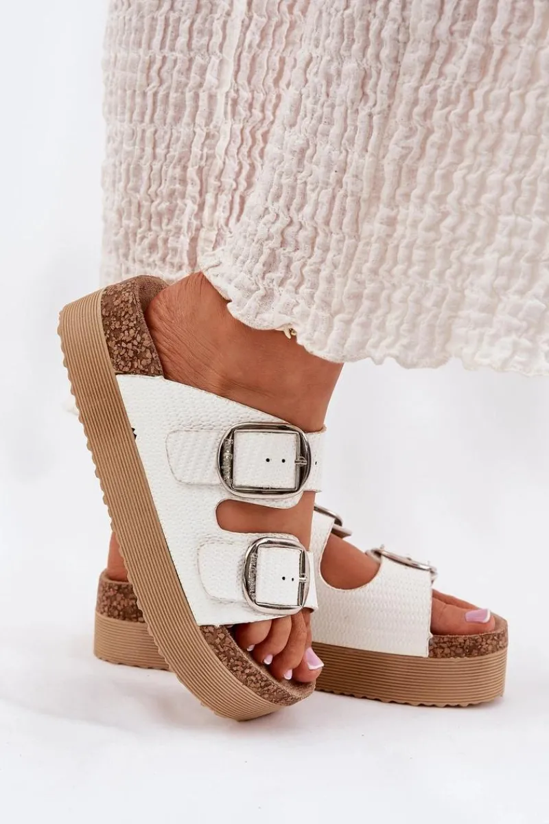 Lee Cooper Klapki Damskie Platformie Z Klamrami LCW-25-35-3496L Białe