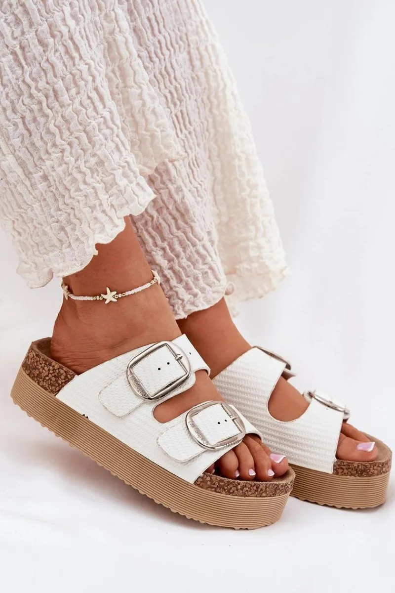 Lee Cooper Klapki Damskie Platformie Z Klamrami LCW-25-35-3496L Białe