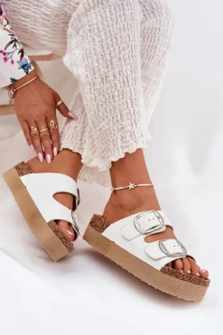 Lee Cooper Klapki Damskie Platformie Z Klamrami LCW-25-35-3496L Białe