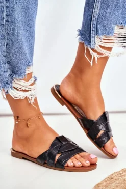 Klapki Damskie Klasyczne>Boto Klapki Damskie Skóra Węża Czarne Chance