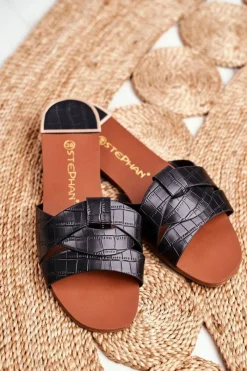 Klapki Damskie Klasyczne>Boto Klapki Damskie Skóra Węża Czarne Chance