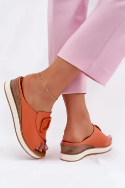 Best Klapki Damskie Skórzane Na Koturnie 56C2149 Pomarańczowe Damskie Klapki Na Koturnie|Klapki Damskie Klasyczne