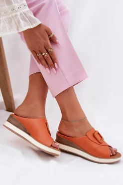 Best Klapki Damskie Skórzane Na Koturnie 56C2149 Pomarańczowe Damskie Klapki Na Koturnie|Klapki Damskie Klasyczne