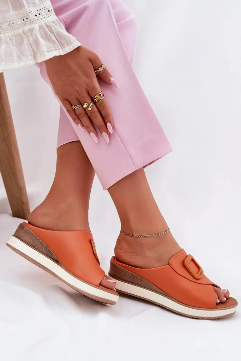 Best Klapki Damskie Skórzane Na Koturnie 56C2149 Pomarańczowe Damskie Klapki Na Koturnie|Klapki Damskie Klasyczne