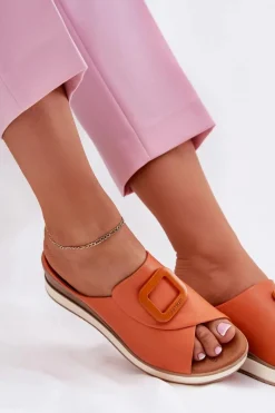 Best Klapki Damskie Skórzane Na Koturnie 56C2149 Pomarańczowe Damskie Klapki Na Koturnie|Klapki Damskie Klasyczne