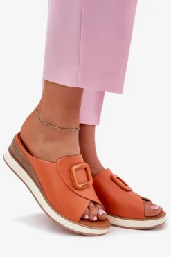 Best Klapki Damskie Skórzane Na Koturnie 56C2149 Pomarańczowe Damskie Klapki Na Koturnie|Klapki Damskie Klasyczne