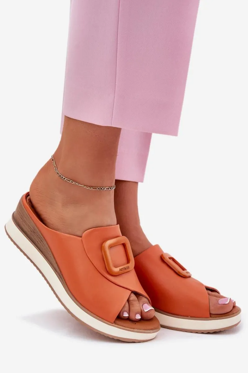 Best Klapki Damskie Skórzane Na Koturnie 56C2149 Pomarańczowe Damskie Klapki Na Koturnie|Klapki Damskie Klasyczne