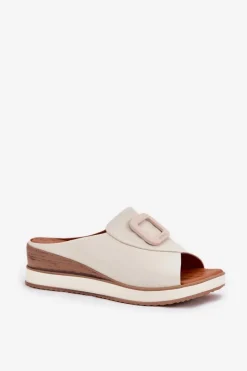 Hot Klapki Damskie Skórzane Na Koturnie 56C2145 Jasnobeżowe Damskie Klapki Na Koturnie|Klapki Damskie Klasyczne