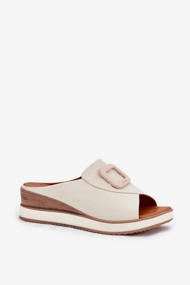 Hot Klapki Damskie Skórzane Na Koturnie 56C2145 Jasnobeżowe Damskie Klapki Na Koturnie|Klapki Damskie Klasyczne