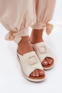 Hot Klapki Damskie Skórzane Na Koturnie 56C2145 Jasnobeżowe Damskie Klapki Na Koturnie|Klapki Damskie Klasyczne