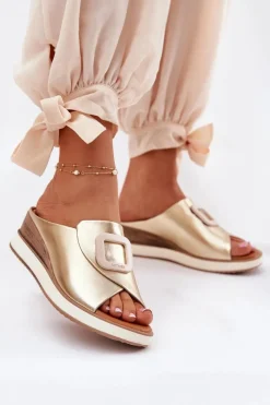 Klapki Na Koturnie|Klapki Damskie Klasyczne>Artiker Klapki Damskie Skórzane Na Koturnie 56C2146 Złote