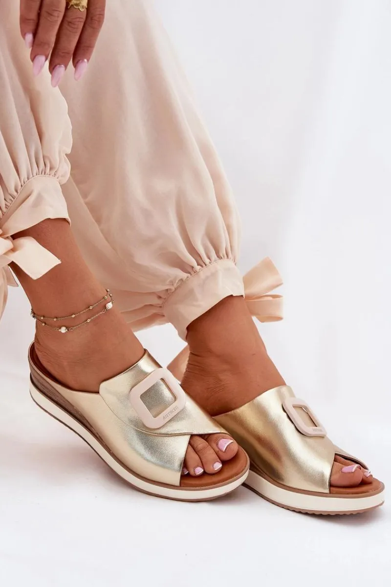 Klapki Na Koturnie|Klapki Damskie Klasyczne>Artiker Klapki Damskie Skórzane Na Koturnie 56C2146 Złote