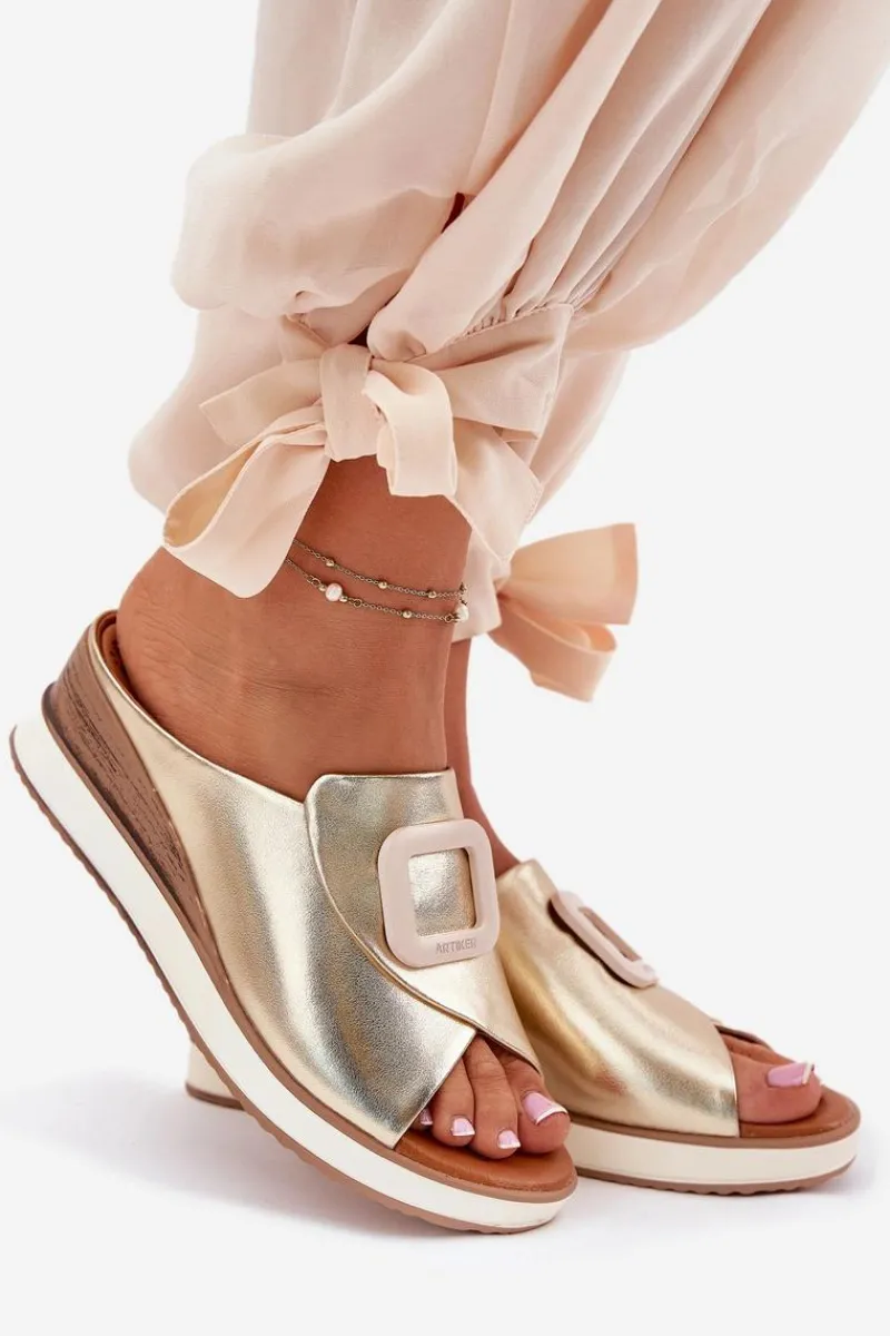 Klapki Na Koturnie|Klapki Damskie Klasyczne>Artiker Klapki Damskie Skórzane Na Koturnie 56C2146 Złote