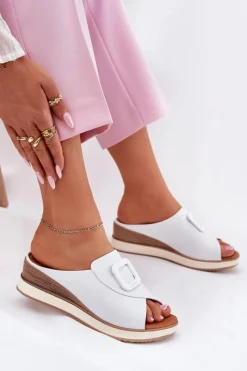 Best Artiker Klapki Damskie Skórzane Na Koturnie 56C2144 Białe Biały