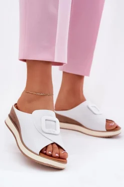 Best Artiker Klapki Damskie Skórzane Na Koturnie 56C2144 Białe Biały