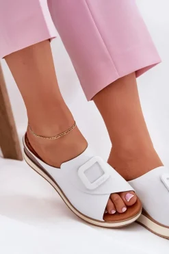 Best Artiker Klapki Damskie Skórzane Na Koturnie 56C2144 Białe Biały